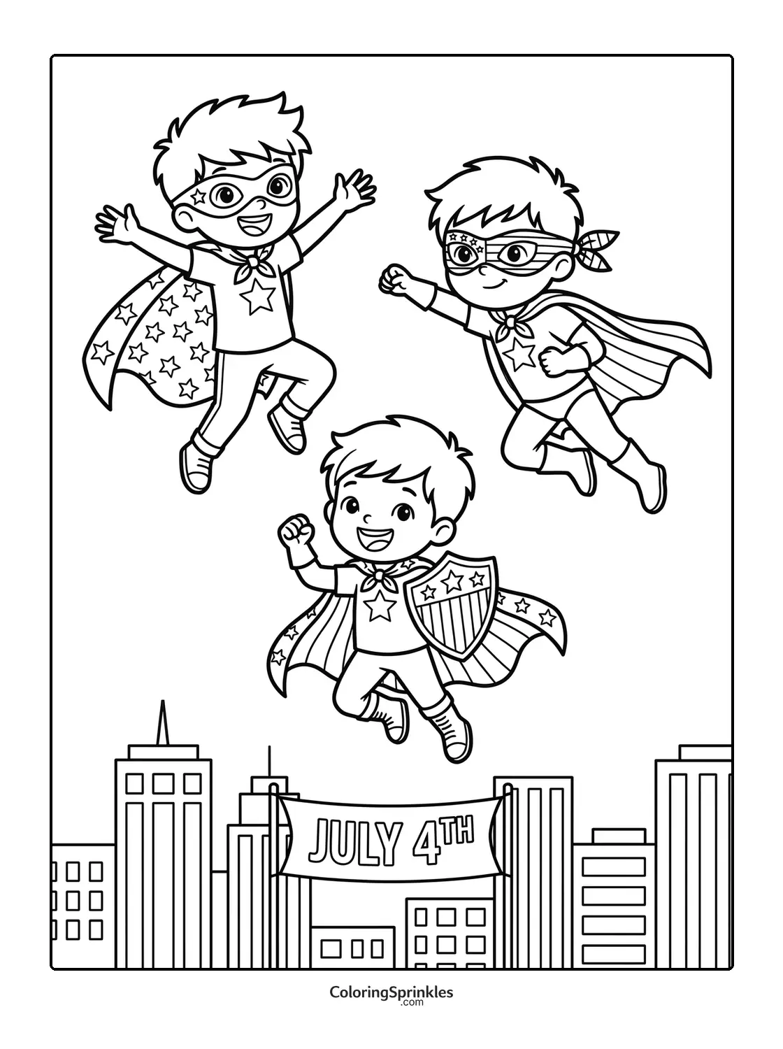 Coloring page of superhero boys flying over a cityscape with a July 4th banner