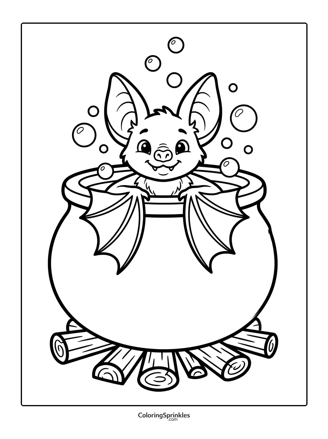 Coloring page of a happy bat bathing in a bubbling cauldron over logs