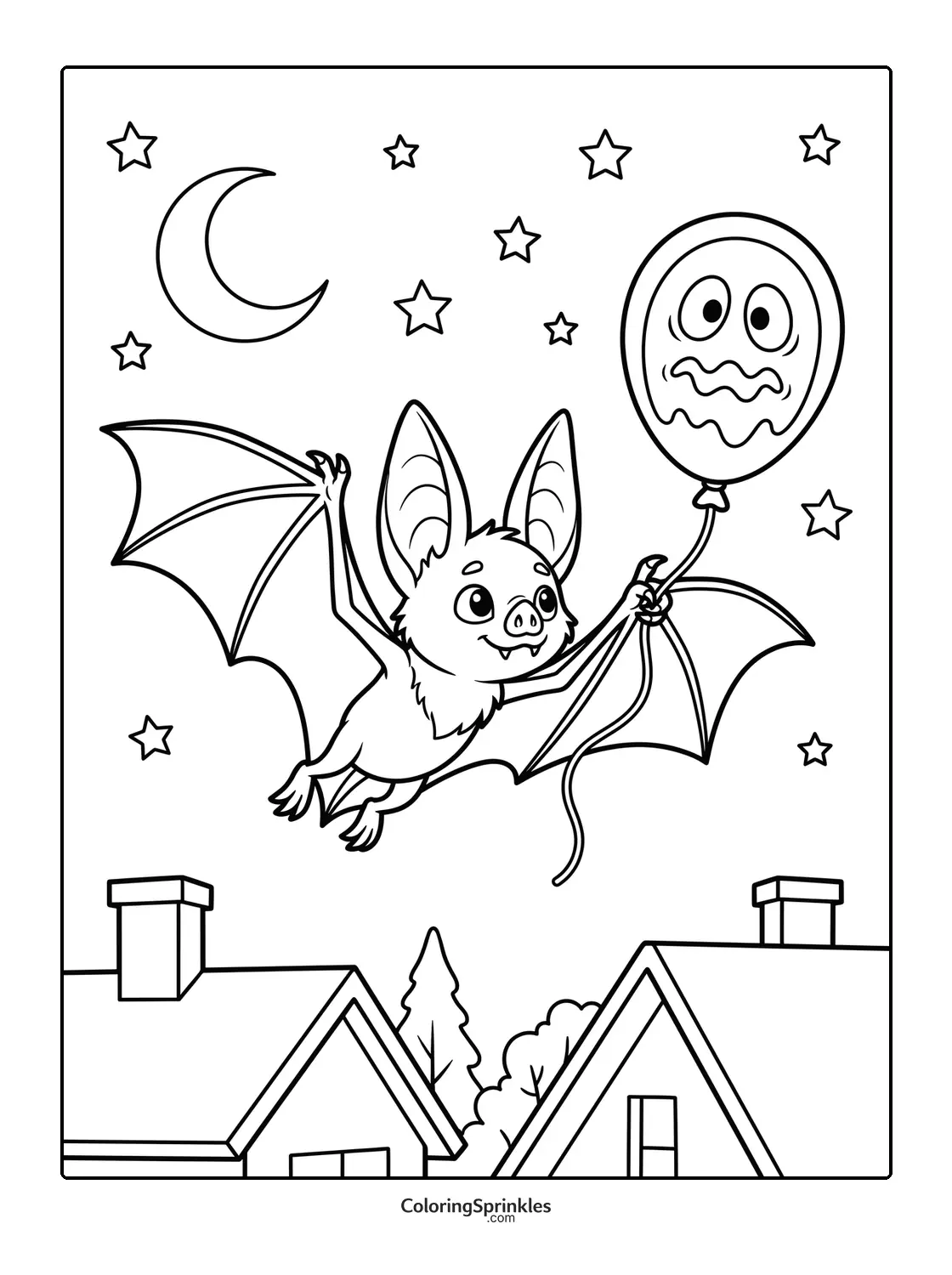 Coloring page of a bat flying at night holding a balloon