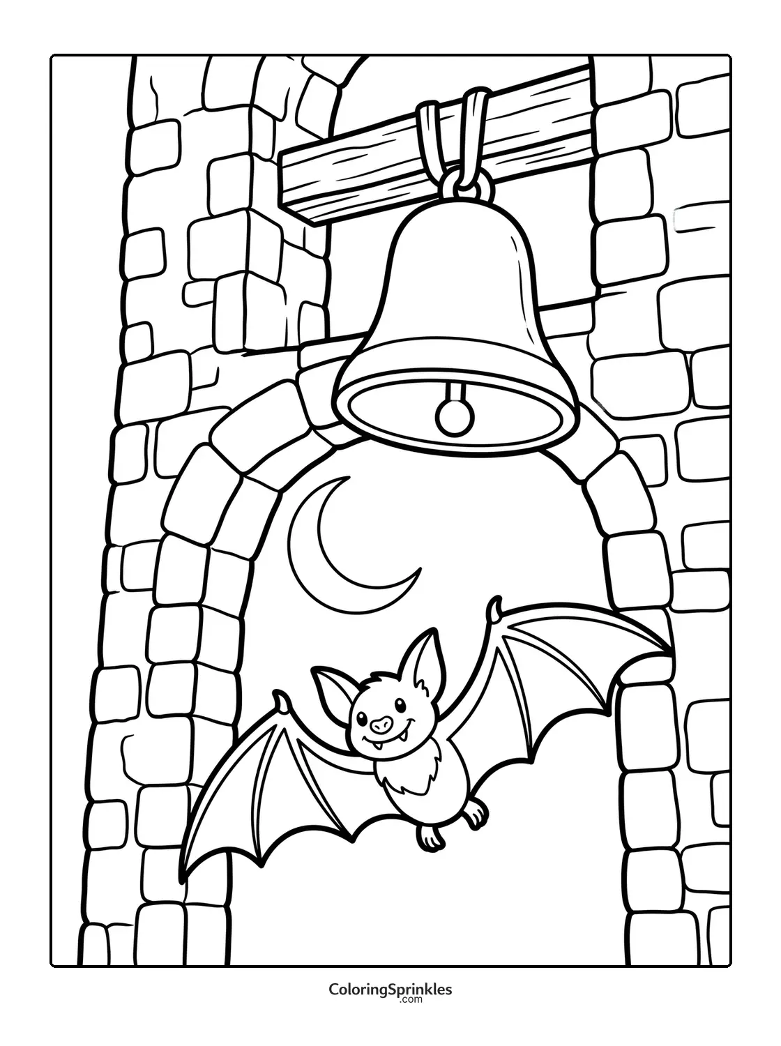 Coloring page of a bat flying near a bell tower with a crescent moon