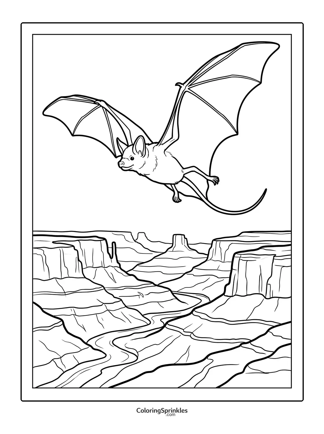 Coloring page of a bat flying over a canyon landscape