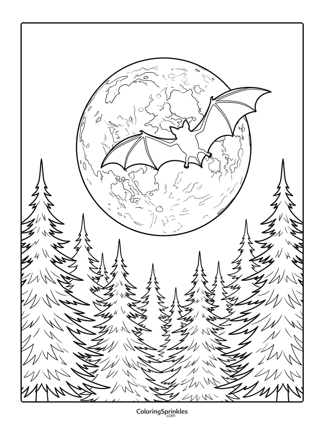 Coloring page of a bat flying in front of a full moon over a pine forest