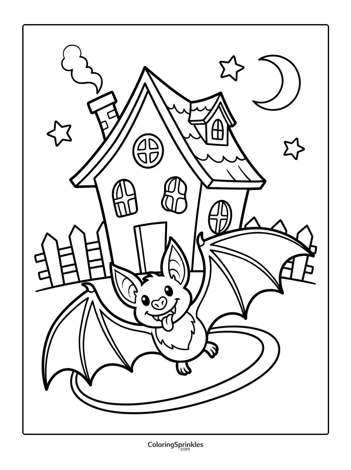 Coloring page of a happy bat flying in front of a house at night