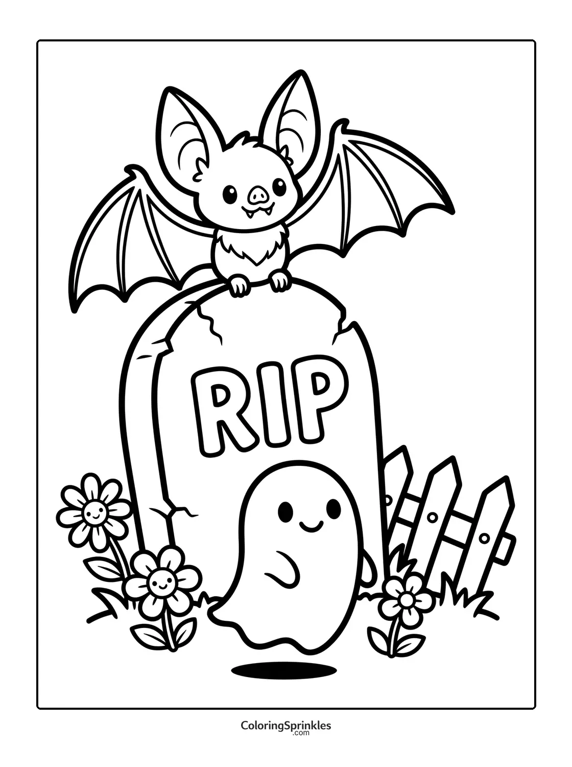 Coloring page of a bat perched on a gravestone with a ghost and flowers