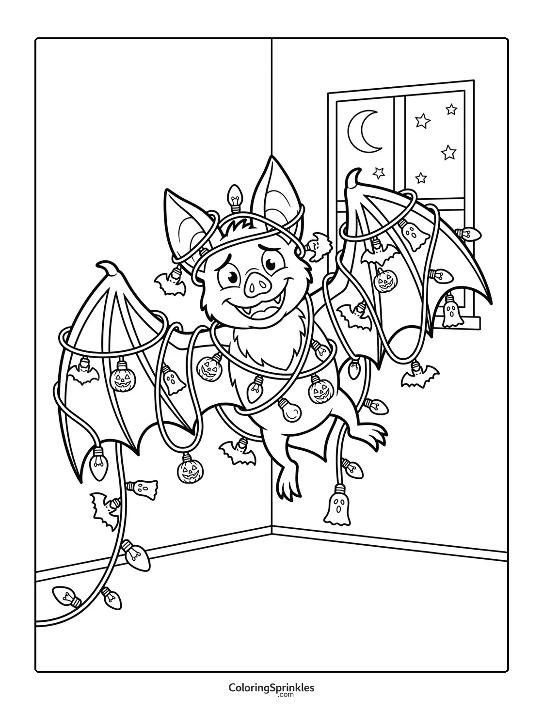 Coloring page of a bat tangled in Halloween lights in a room at night