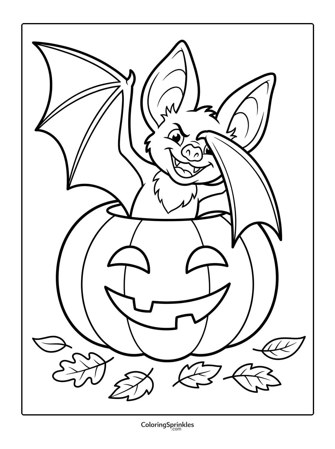Coloring page of a happy bat popping out of a Halloween pumpkin with fall leaves