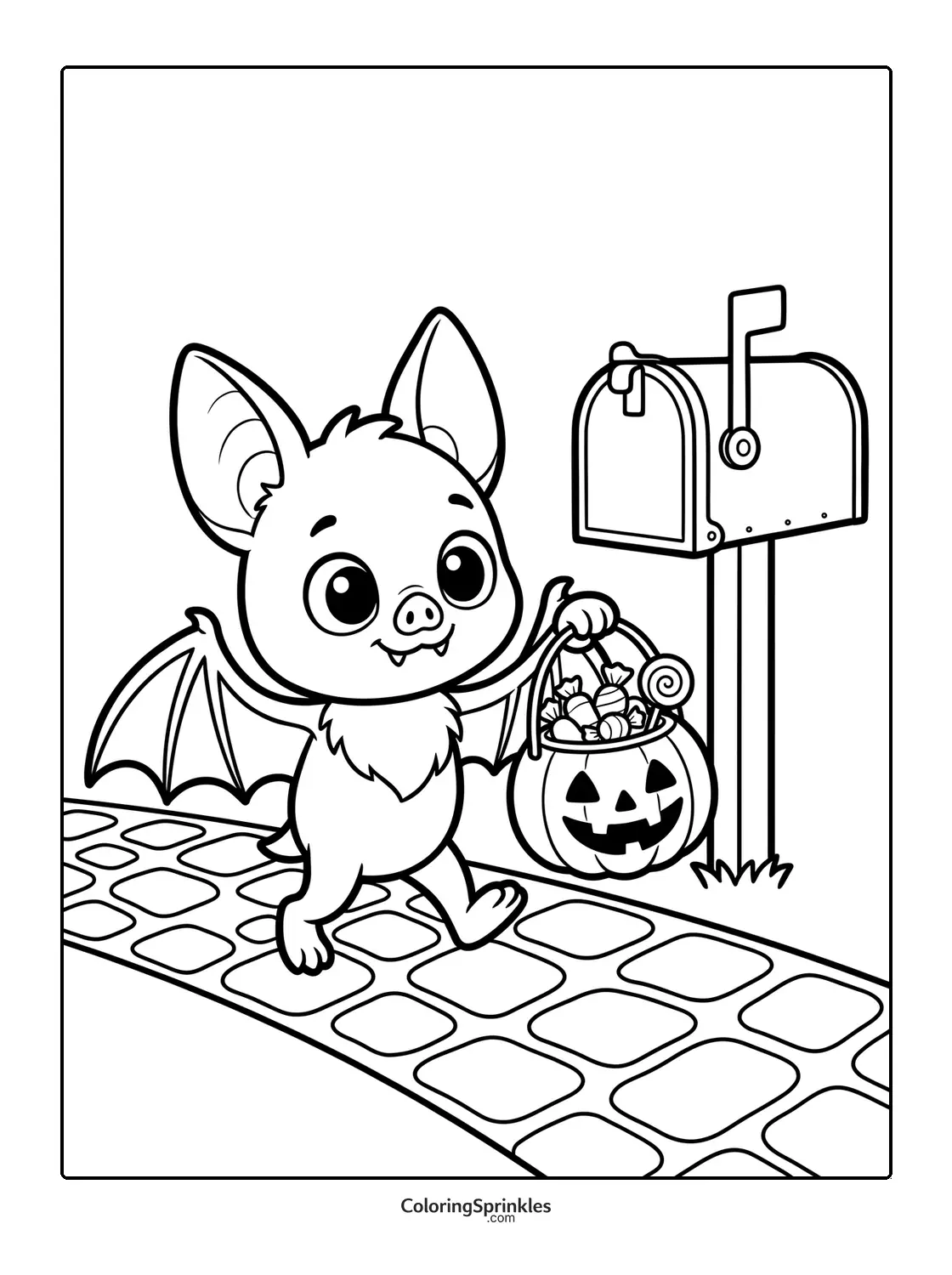 Coloring page of a bat trick-or-treating with a pumpkin bucket by a mailbox
