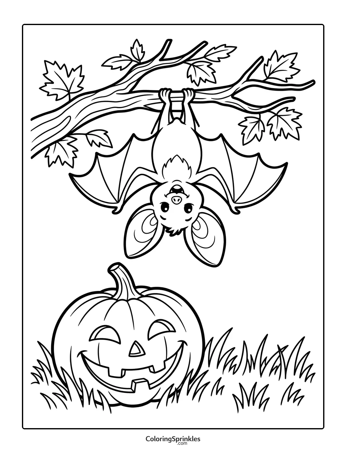 Coloring page of a bat hanging upside down from a tree branch above a smiling pumpkin in grass