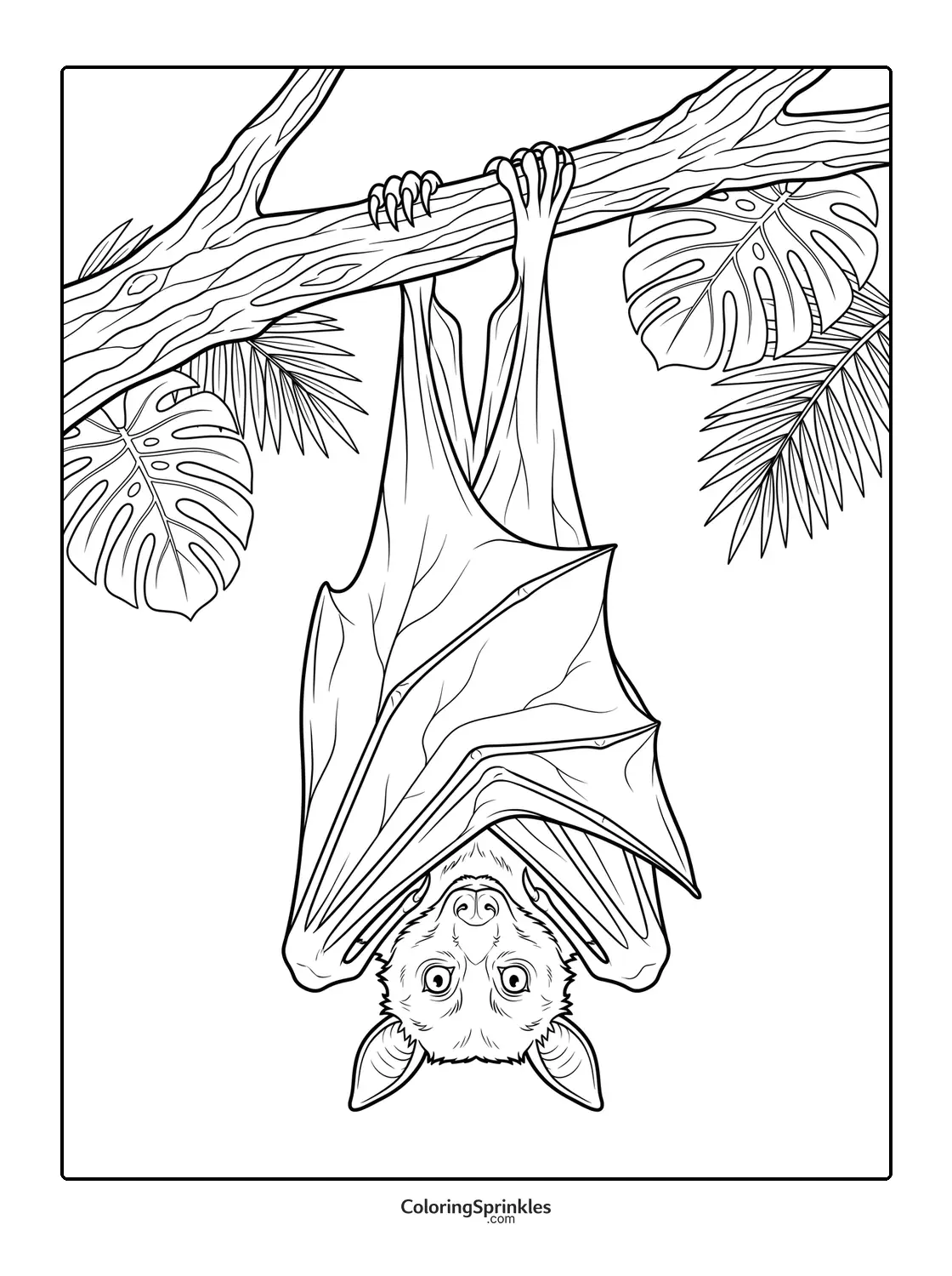 Coloring page of a bat hanging upside down from a tree branch with tropical leaves
