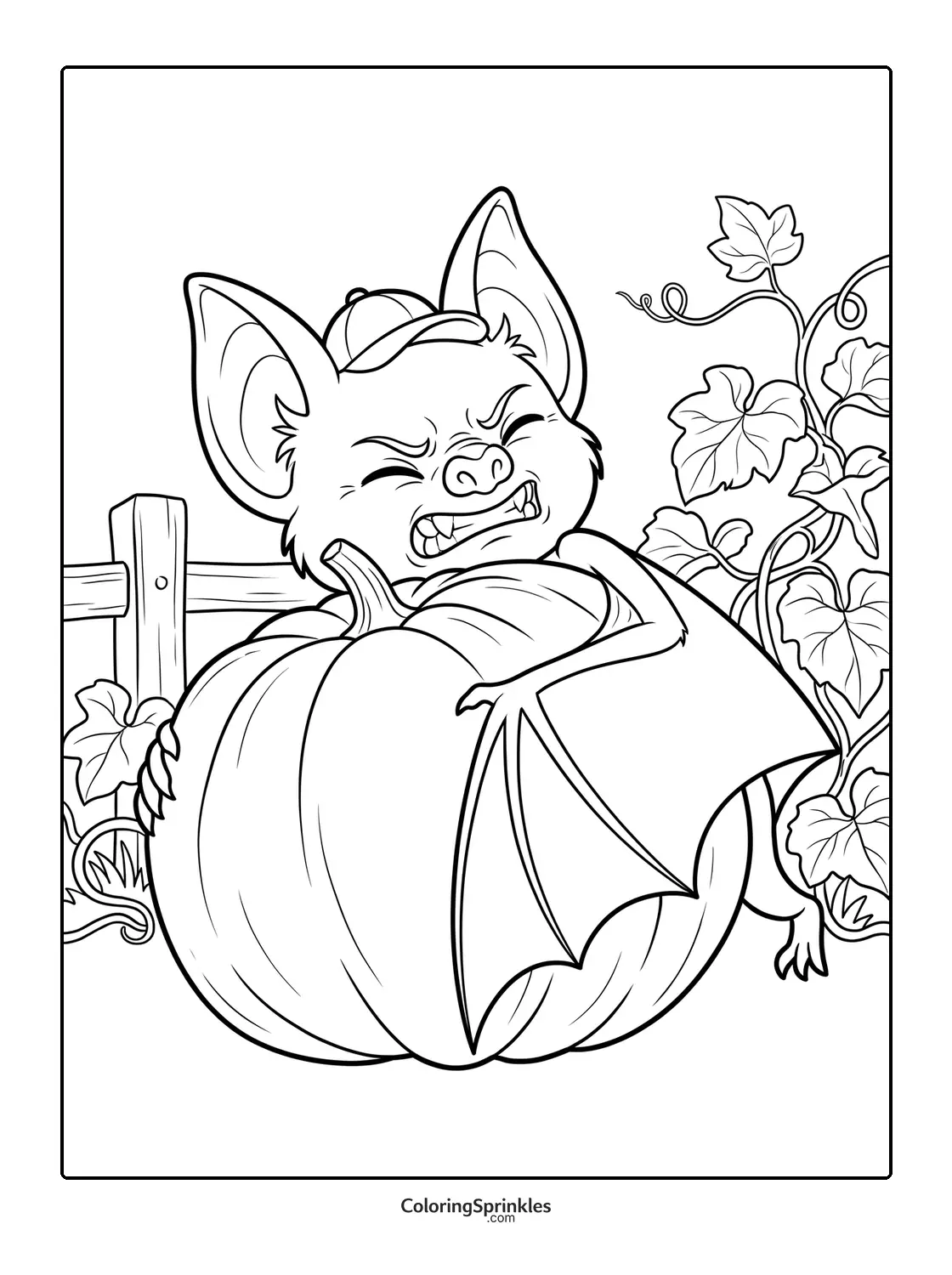 Coloring page of a bat holding a large pumpkin near a vine and fence
