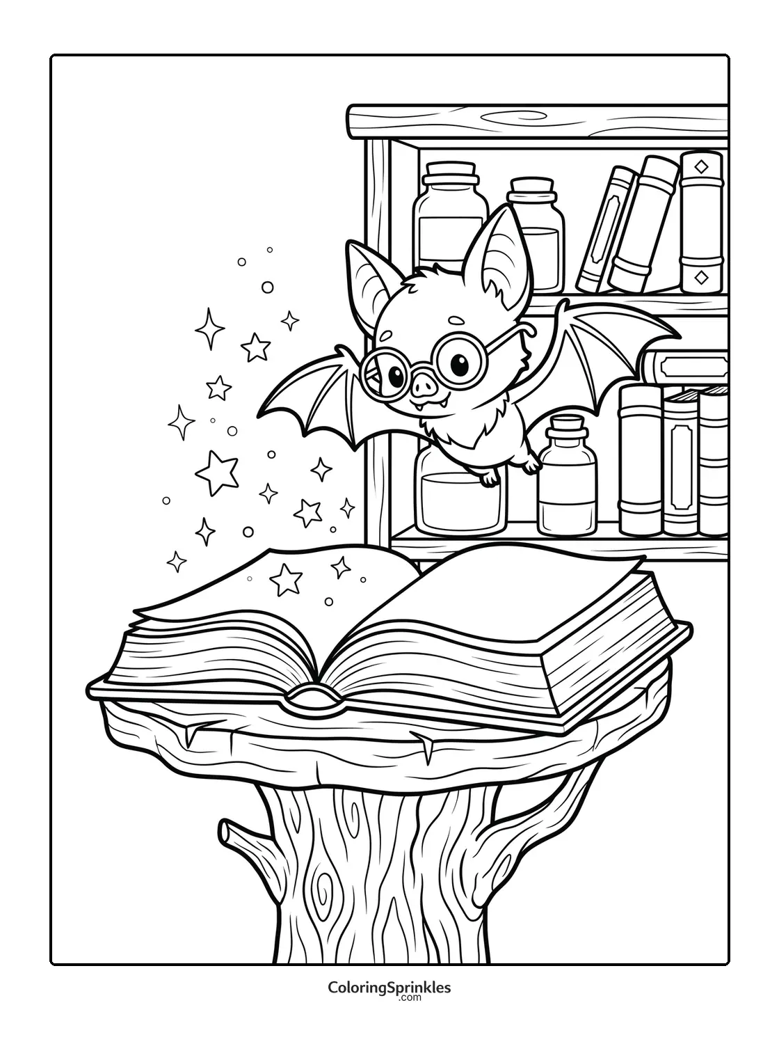 Coloring page of a bat wearing glasses flying near a magic book in a library