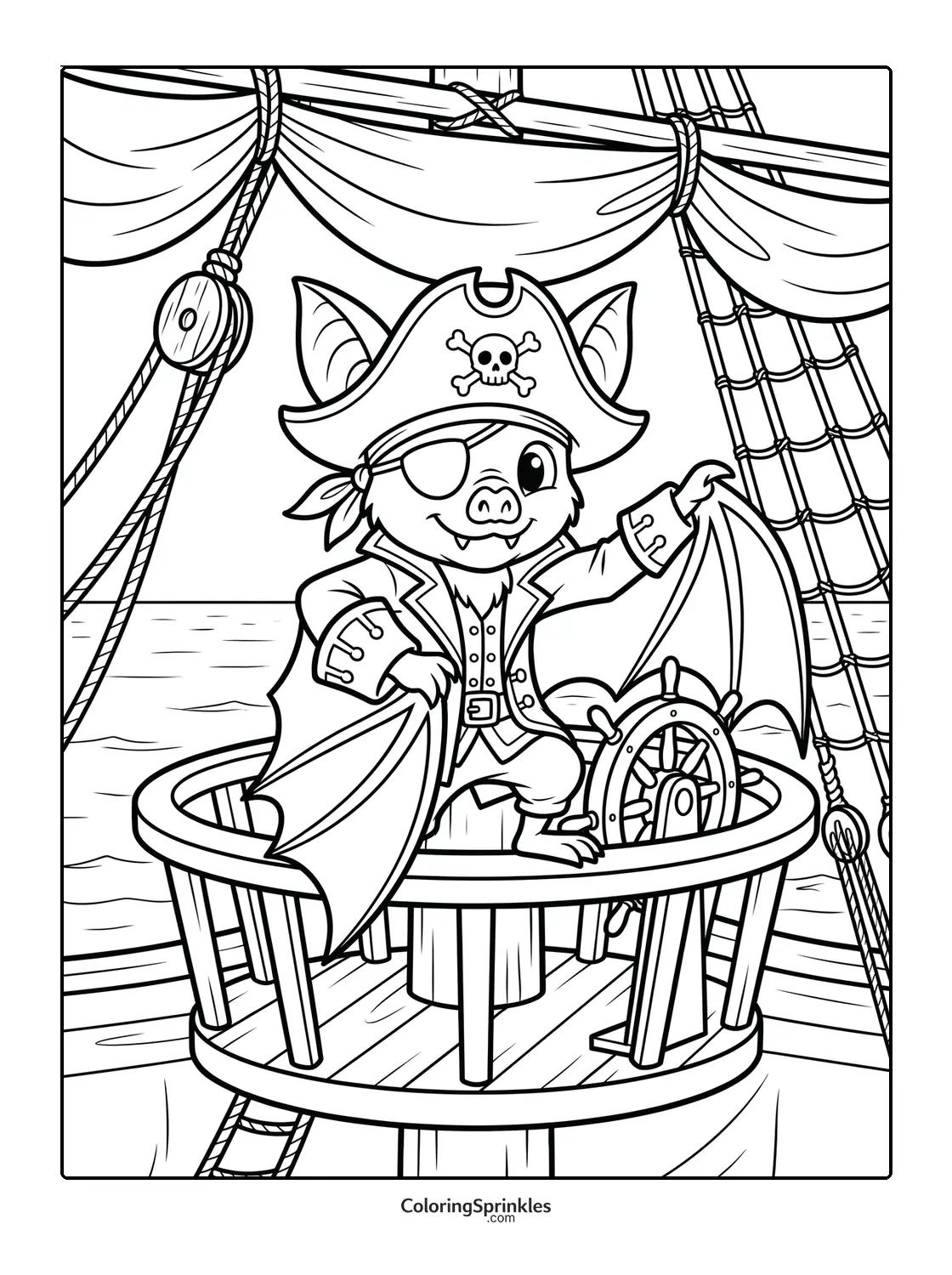 Coloring page of a bat dressed as a pirate in a ship's crow's nest with a steering wheel