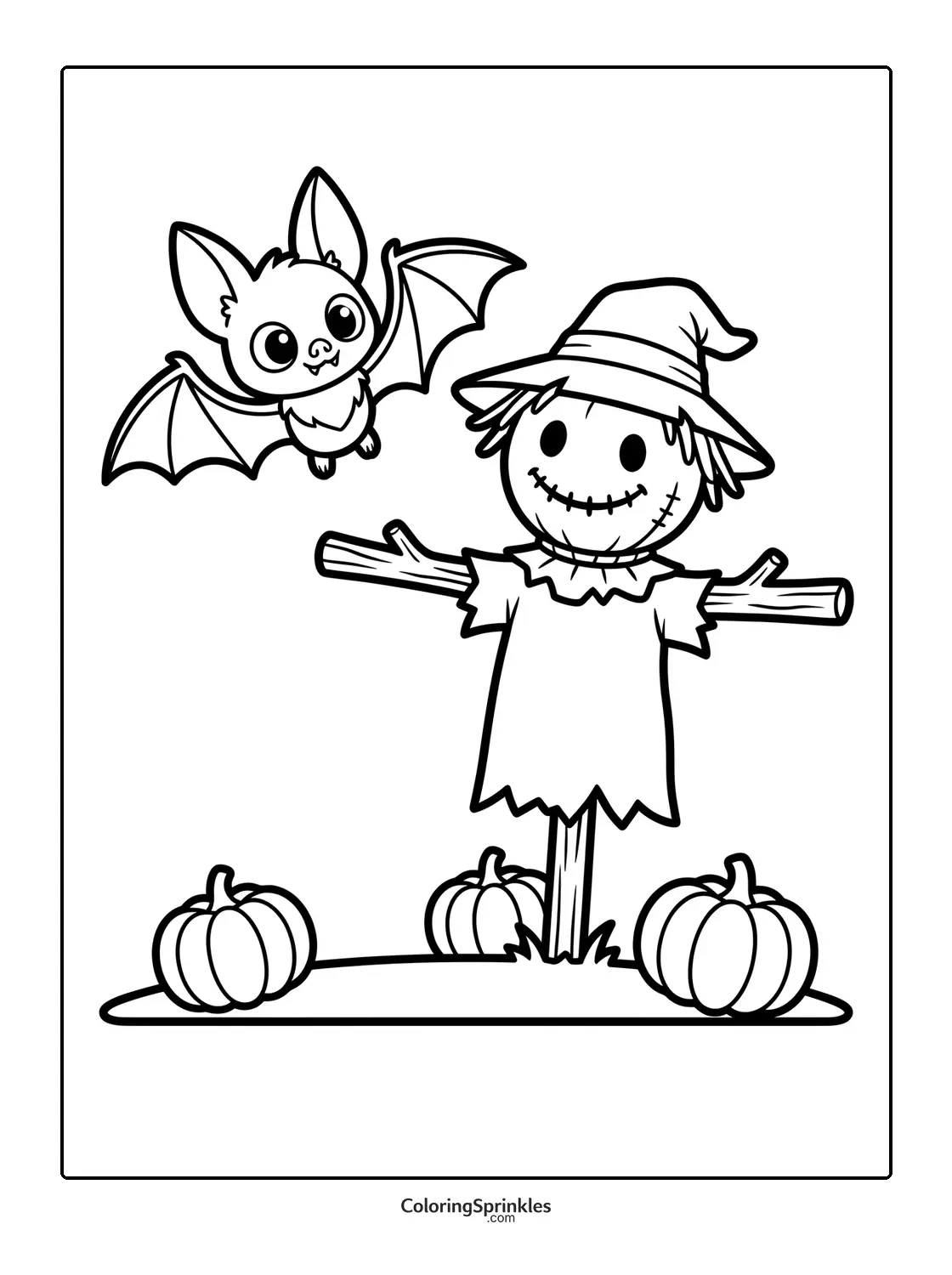 Coloring page of a bat flying near a scarecrow with pumpkins