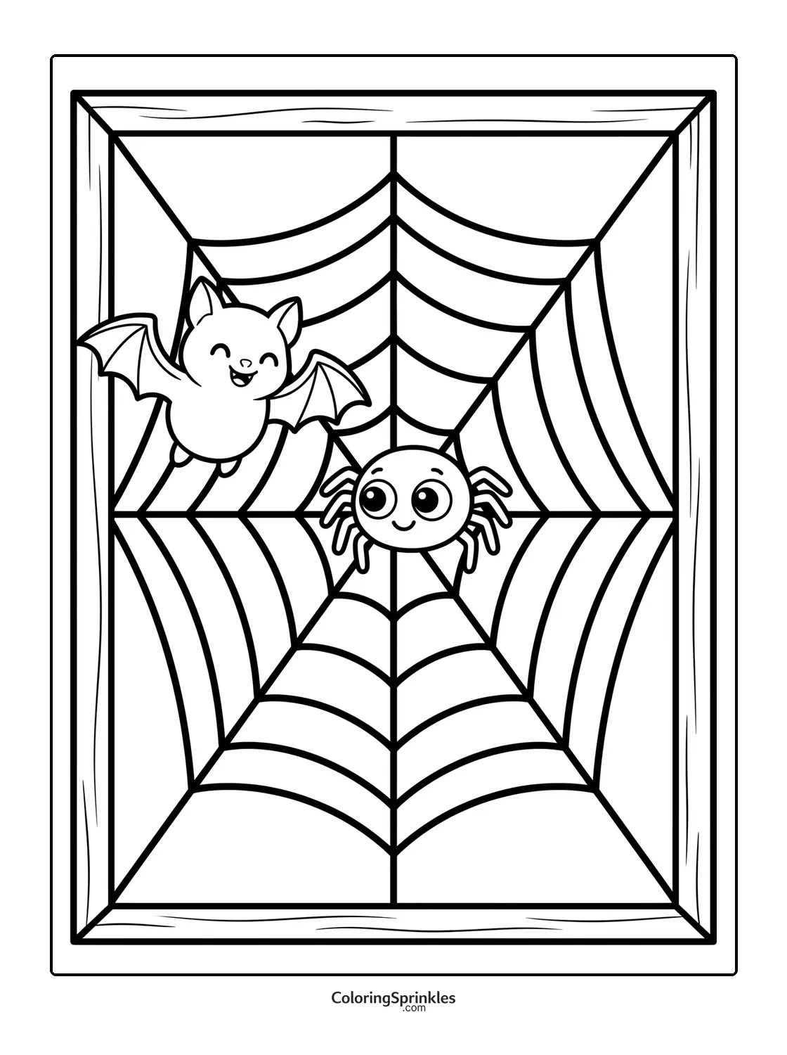 Coloring page of a cute bat and spider on a web