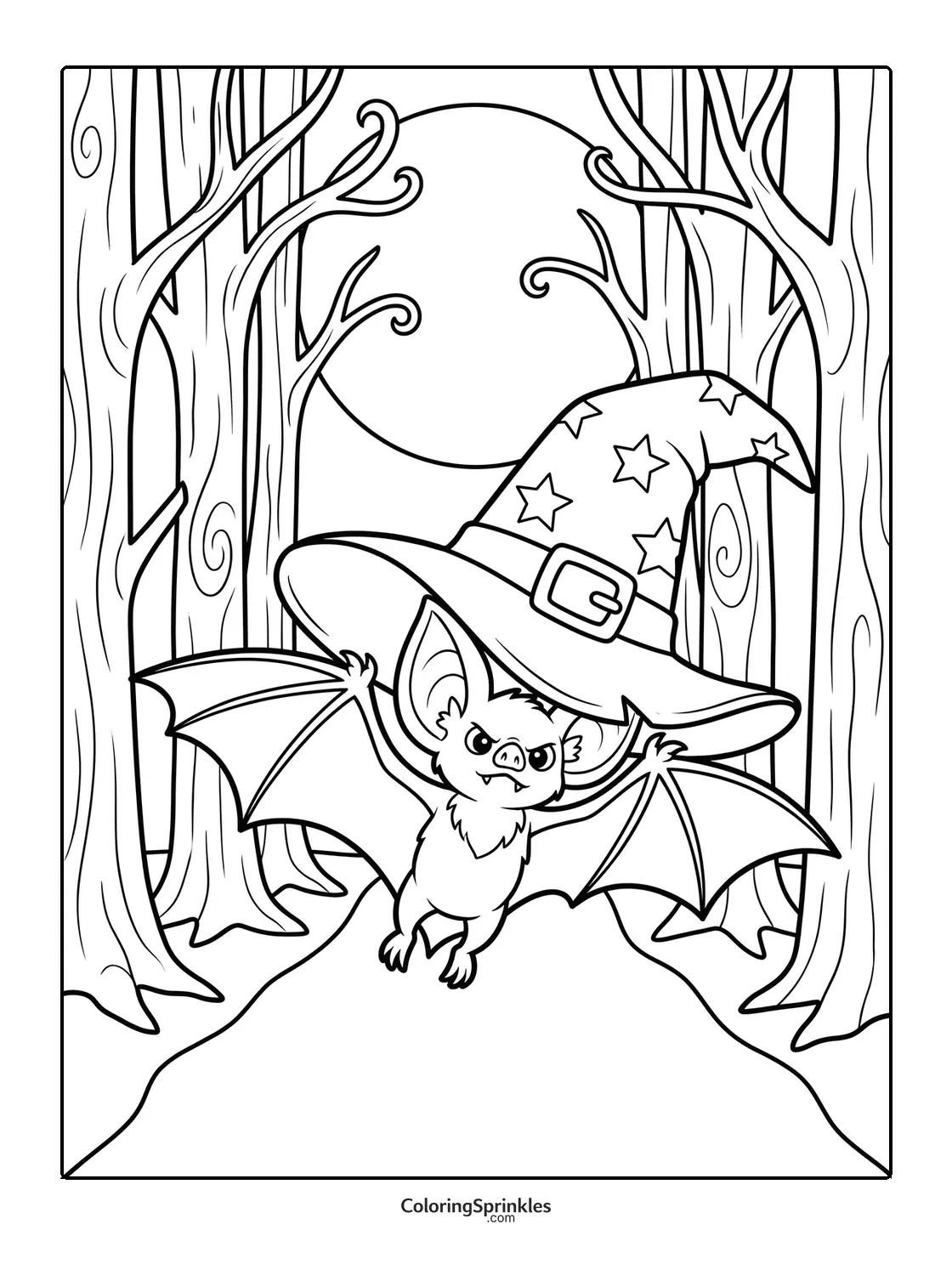 Coloring page of a bat wearing a witch hat in a forest with a full moon