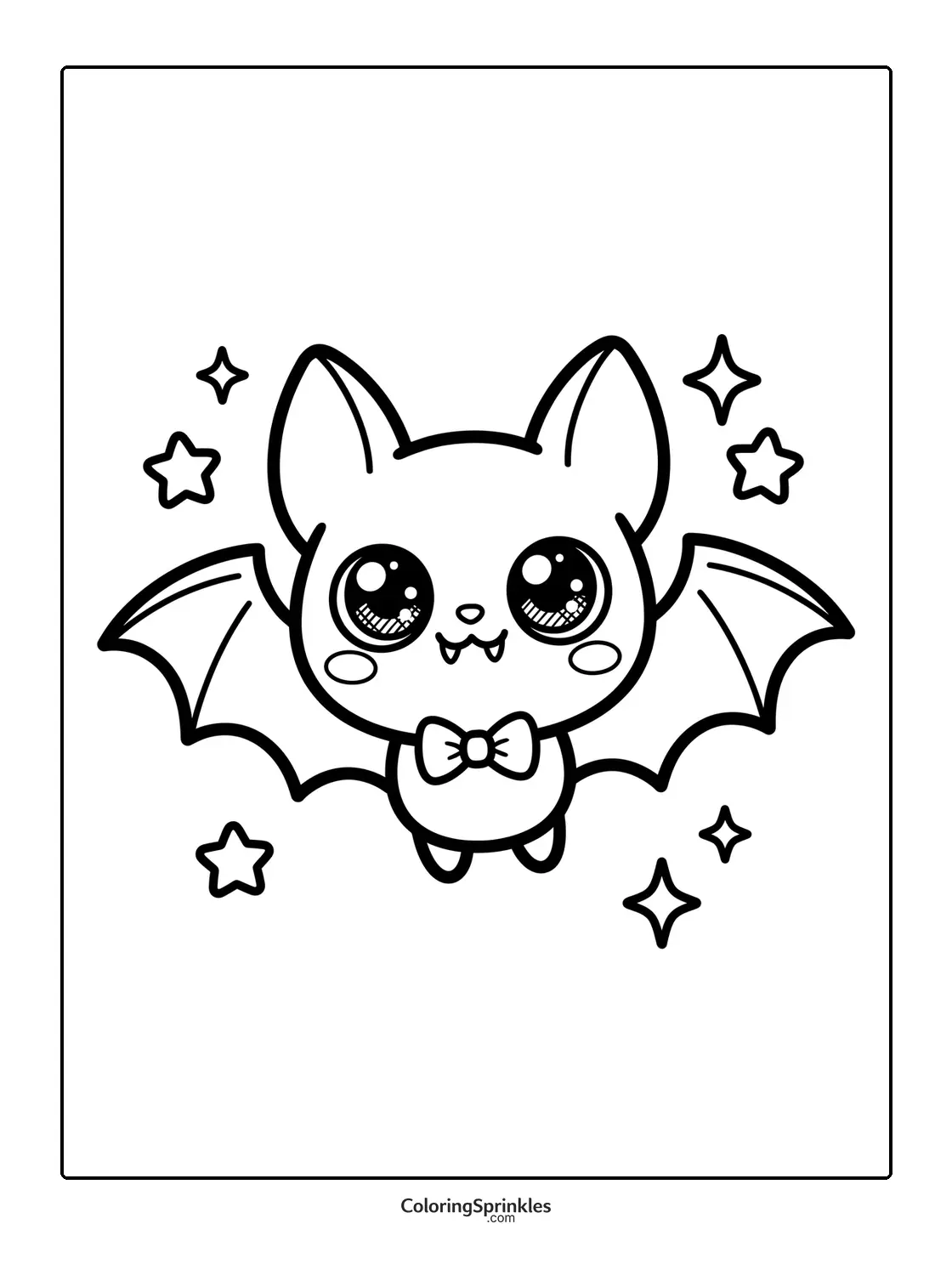 Coloring page of a cute bat flying with stars and a bowtie