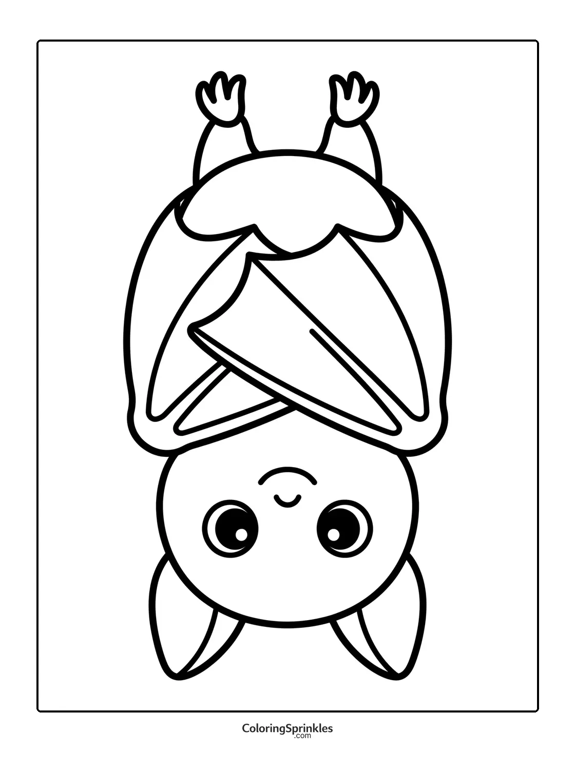 Coloring page of a cute bat hanging upside down