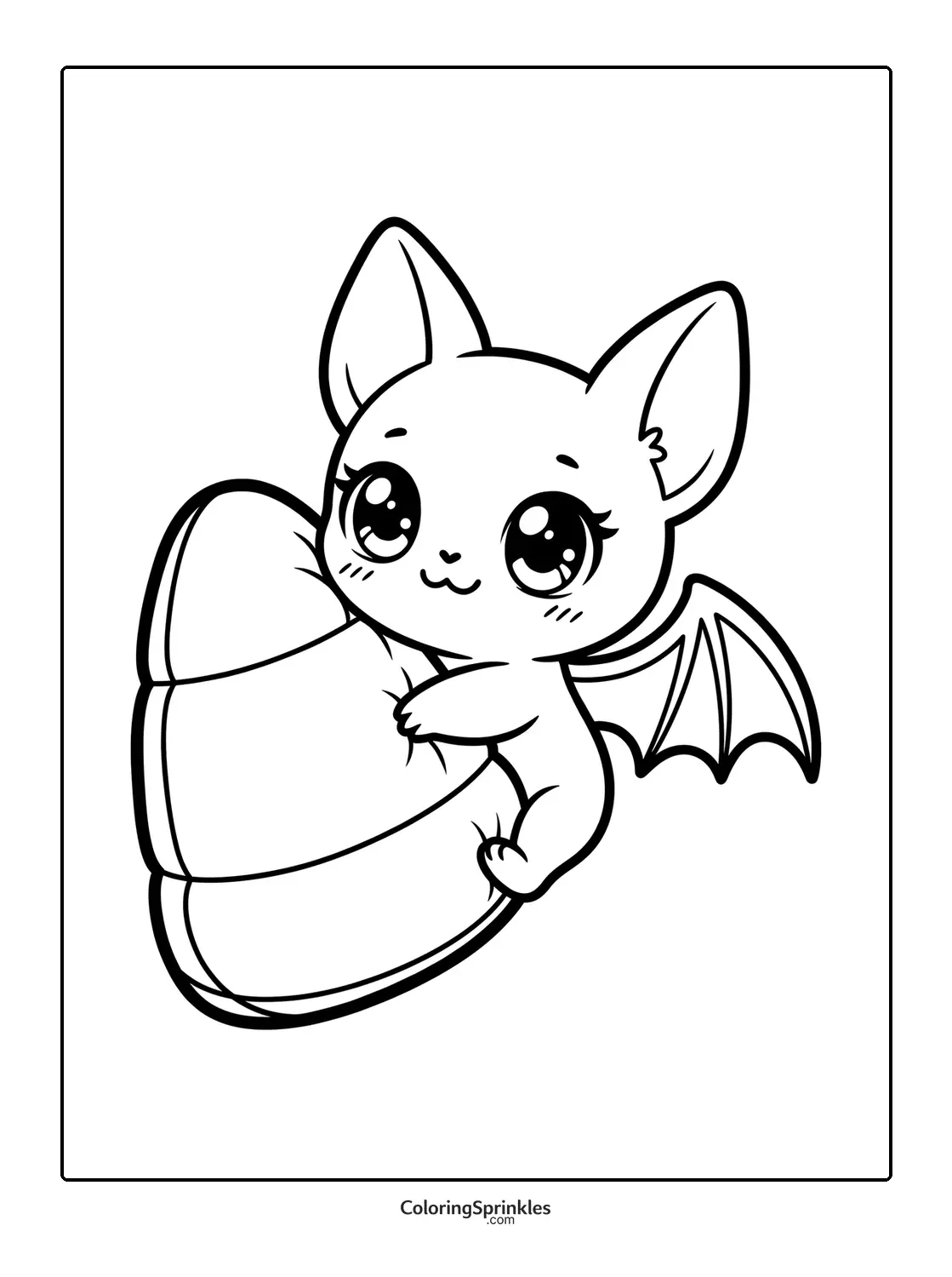 Coloring page of a cute bat holding a candy corn