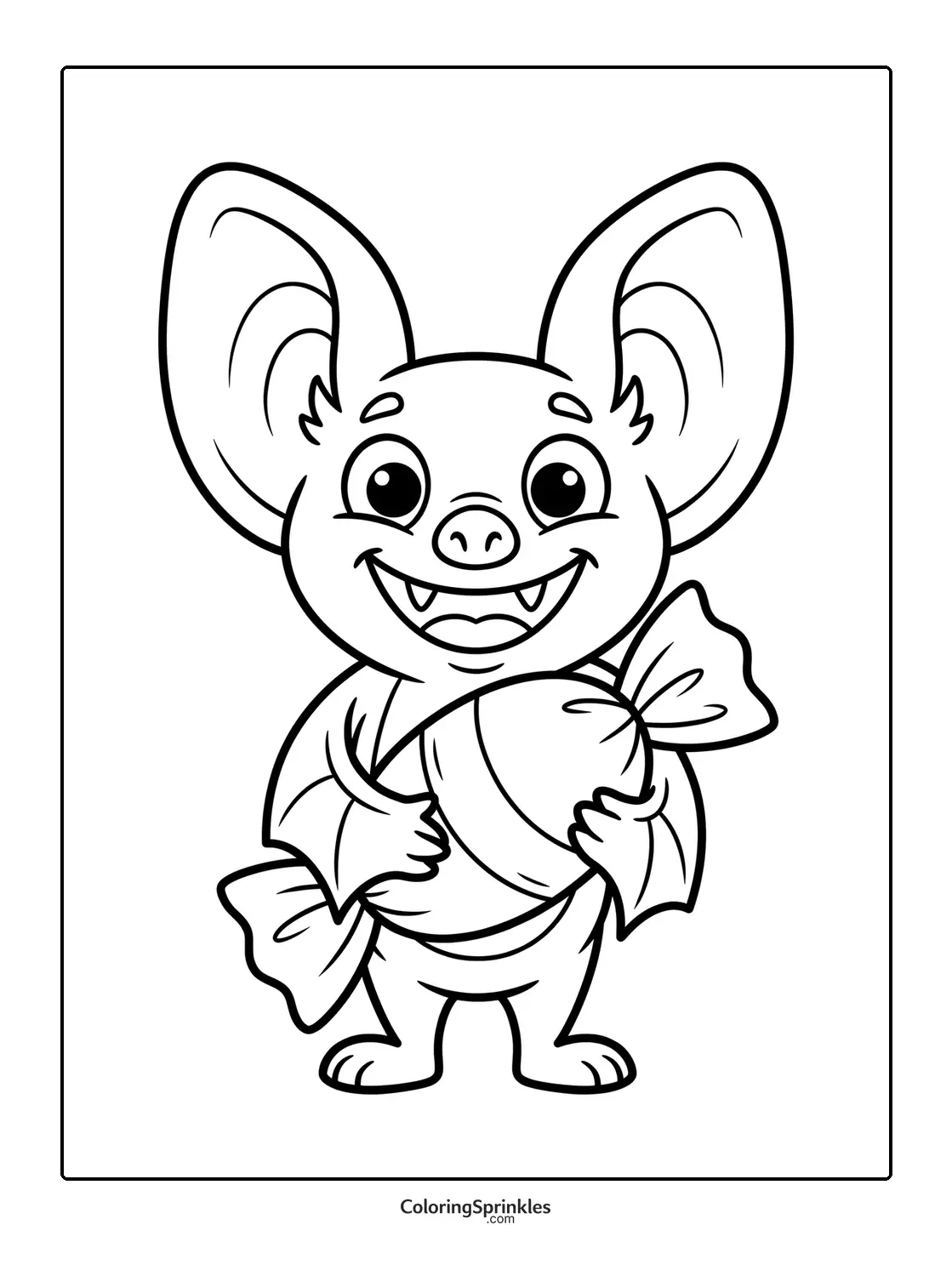 Coloring page of a cute bat holding a large wrapped candy