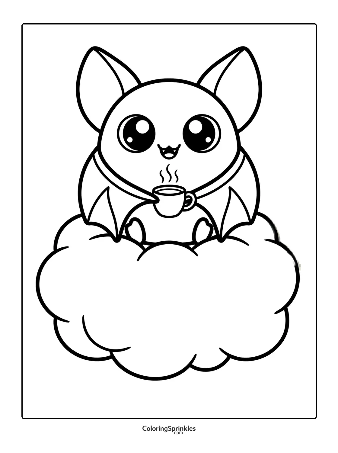 Coloring page of a cute bat holding a steaming cup sitting on a cloud
