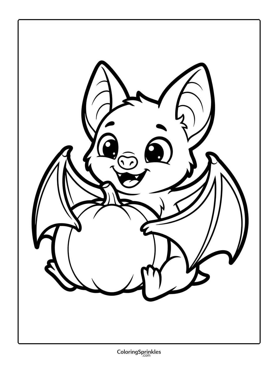 Coloring page of a cute bat holding a pumpkin