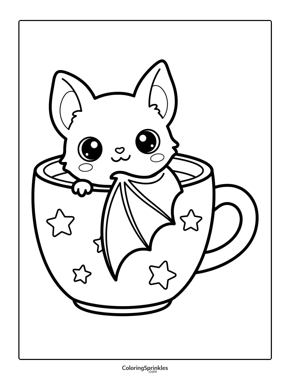 Coloring page of a cute bat sitting inside a teacup with stars