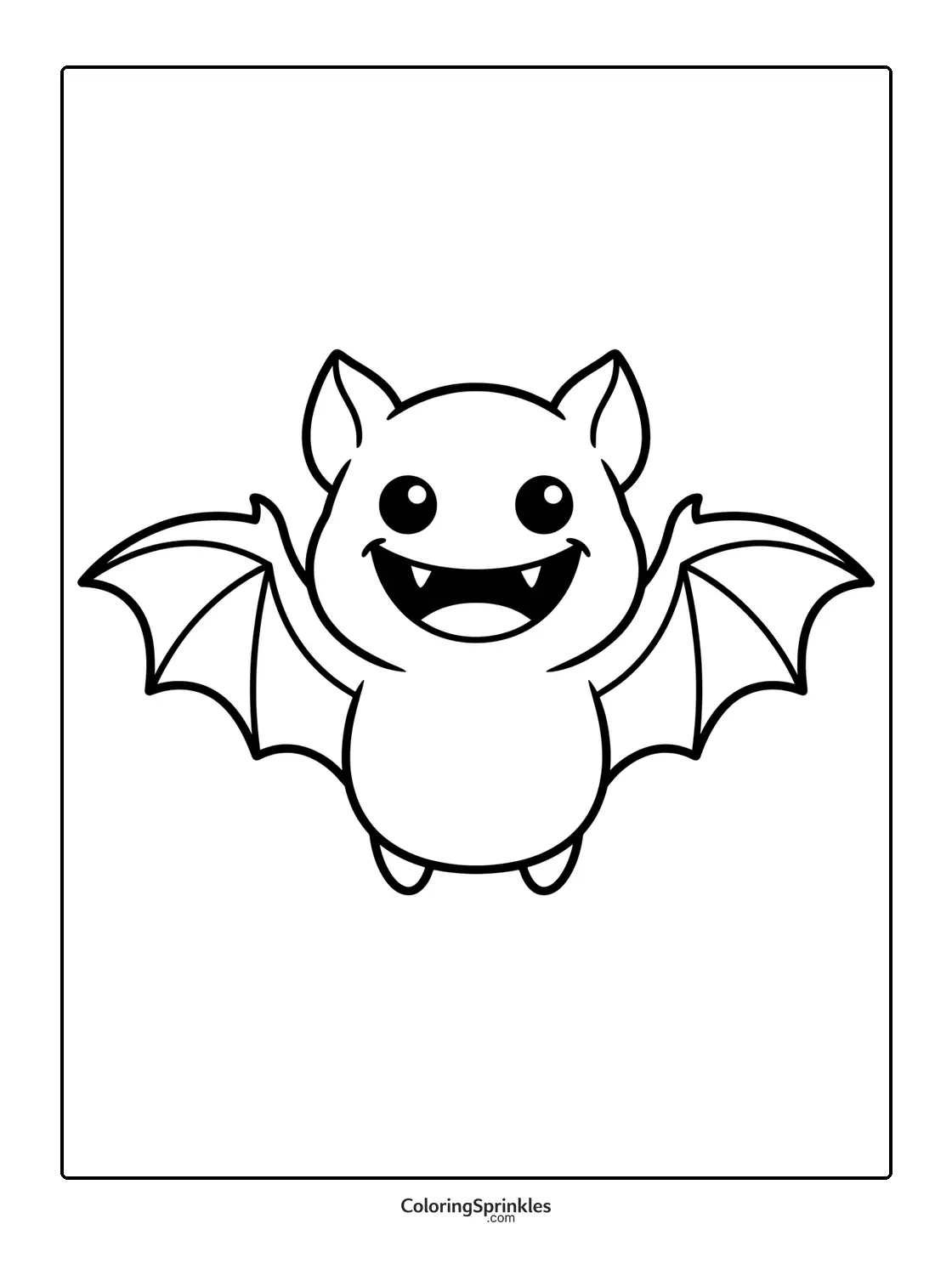 Coloring page of a cute bat smiling with wings spread