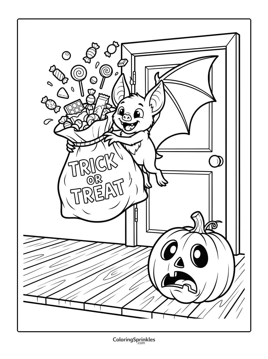 Coloring page of a Halloween bat holding a trick or treat bag at a door with a scared pumpkin