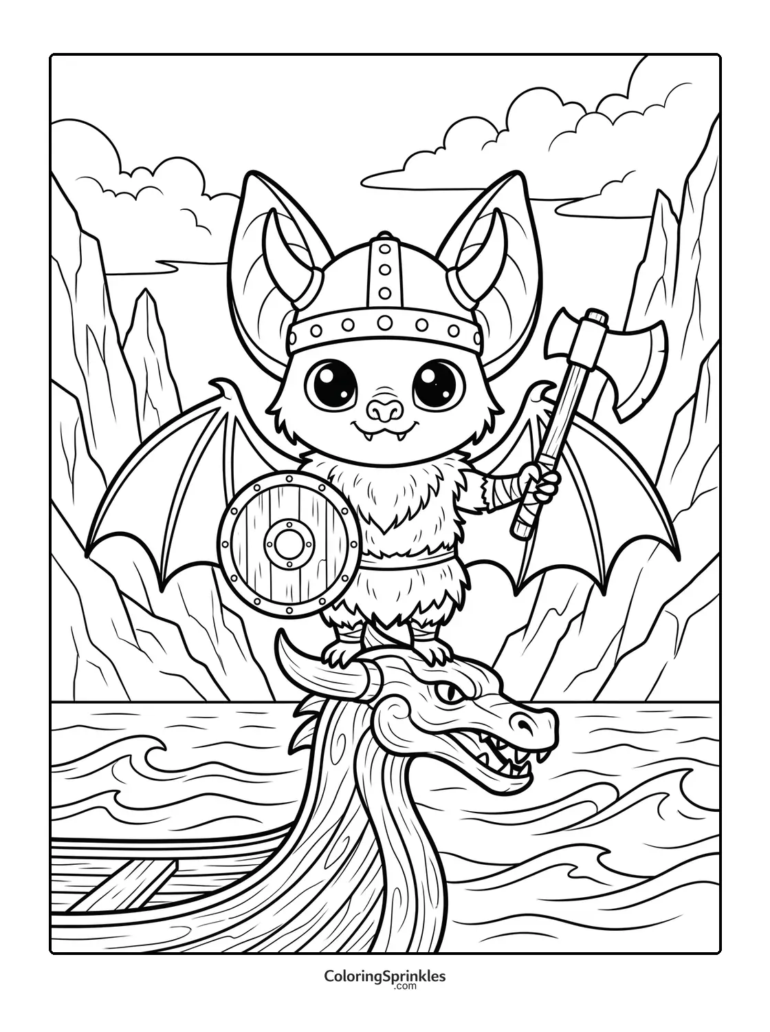 Coloring page of a Viking bat standing on a dragon boat in a mountainous sea