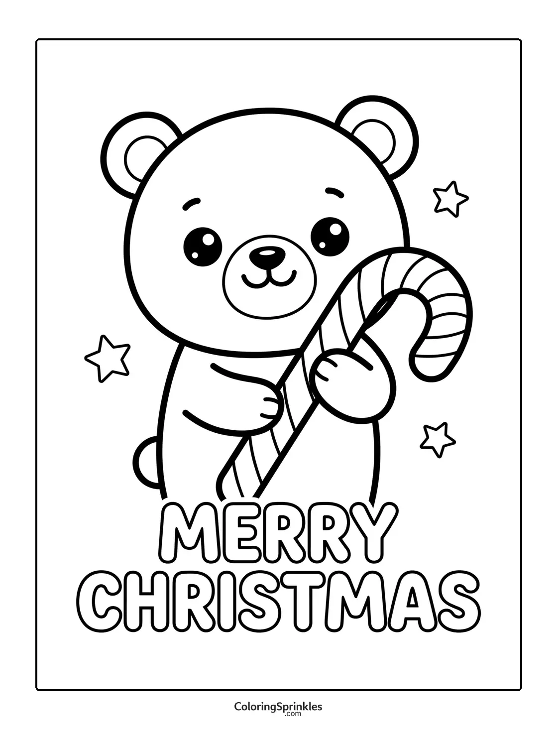 Coloring page of a bear holding a candy cane with Merry Christmas text