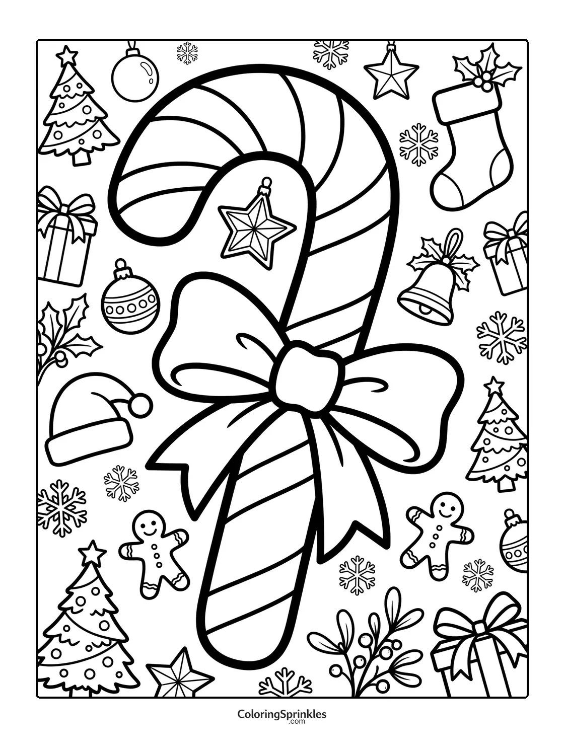 Coloring page of a large candy cane with a bow surrounded by Christmas decorations