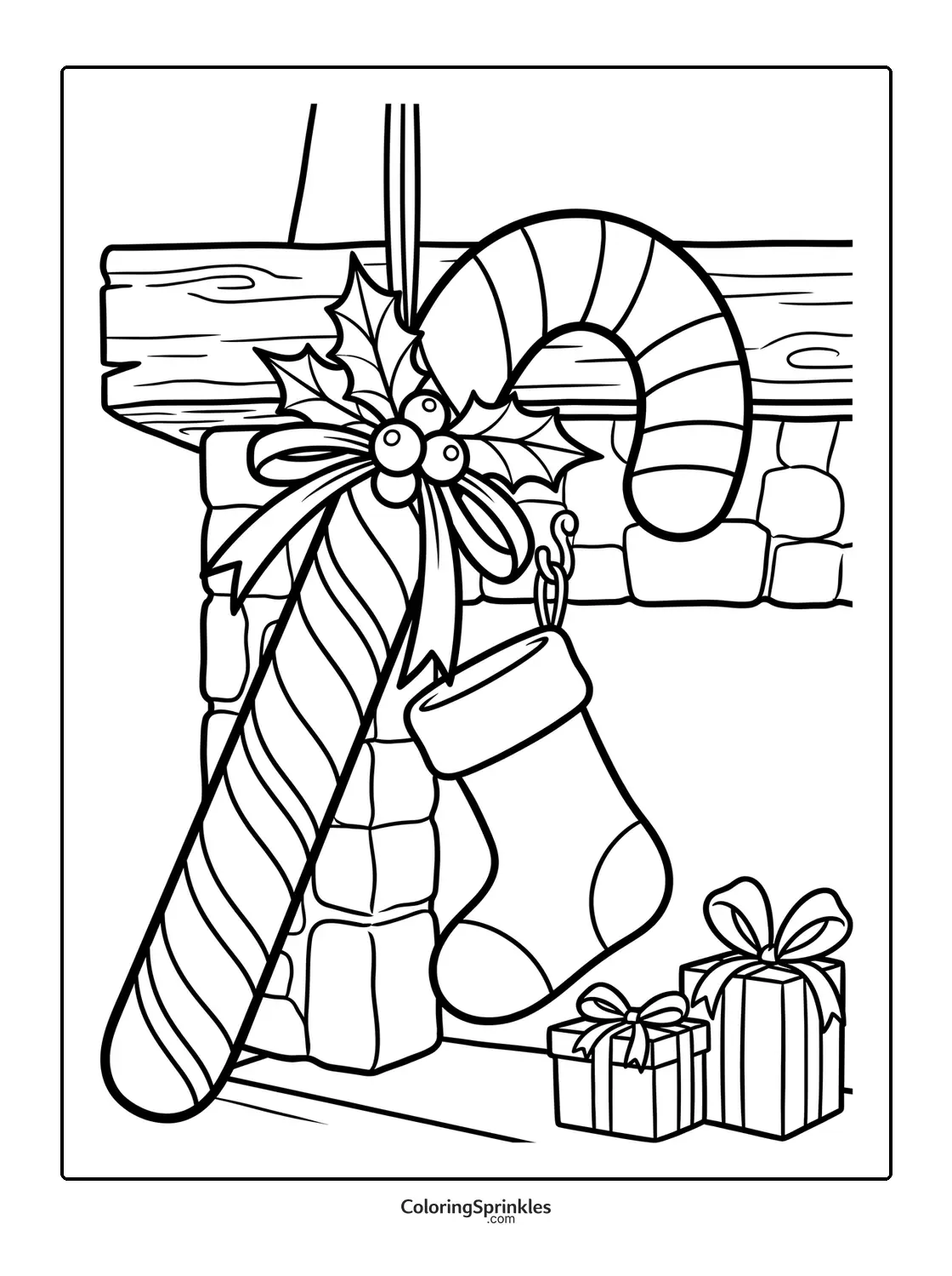 Coloring page of a candy cane with holly, Christmas stocking and gifts by a fireplace
