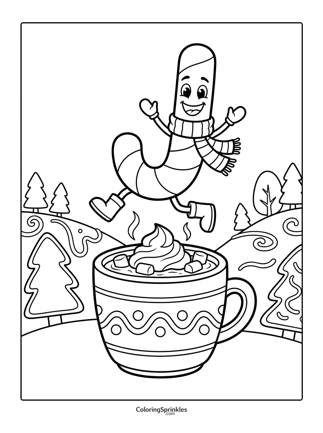 Coloring page of a candy cane character jumping over a cup of hot chocolate in a winter landscape