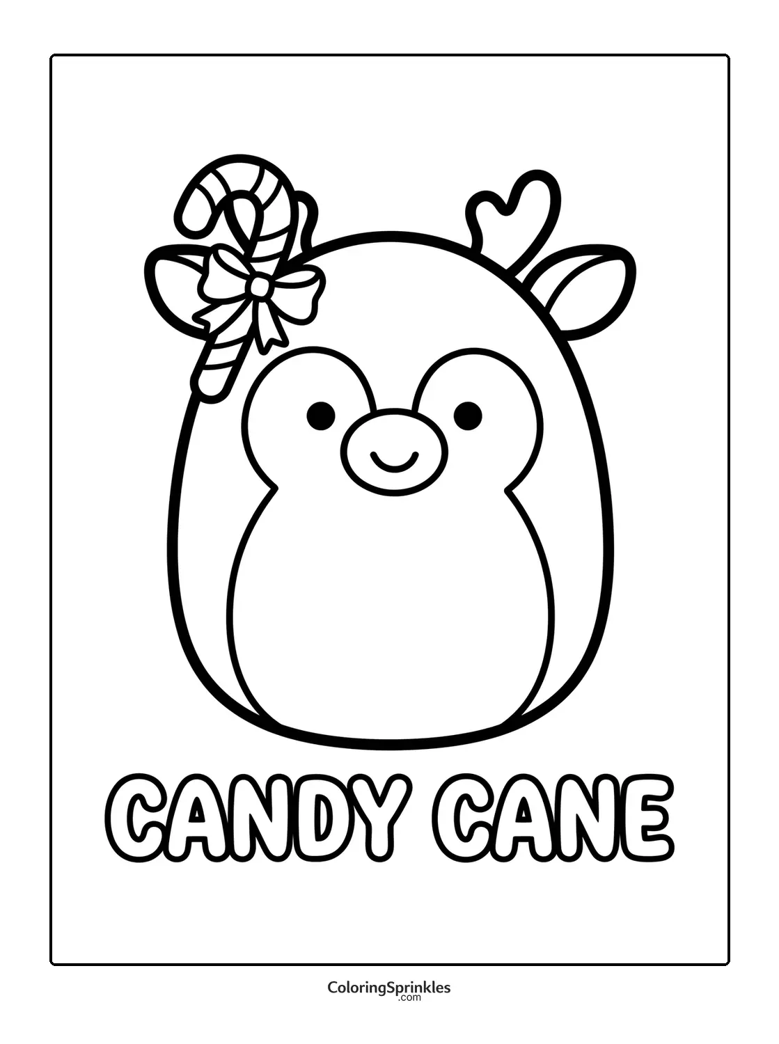 Coloring page of a penguin with reindeer antlers and a candy cane with a bow