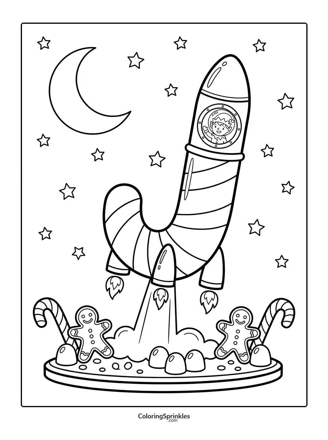 Coloring page of a candy cane shaped rocket launching with gingerbread men and stars