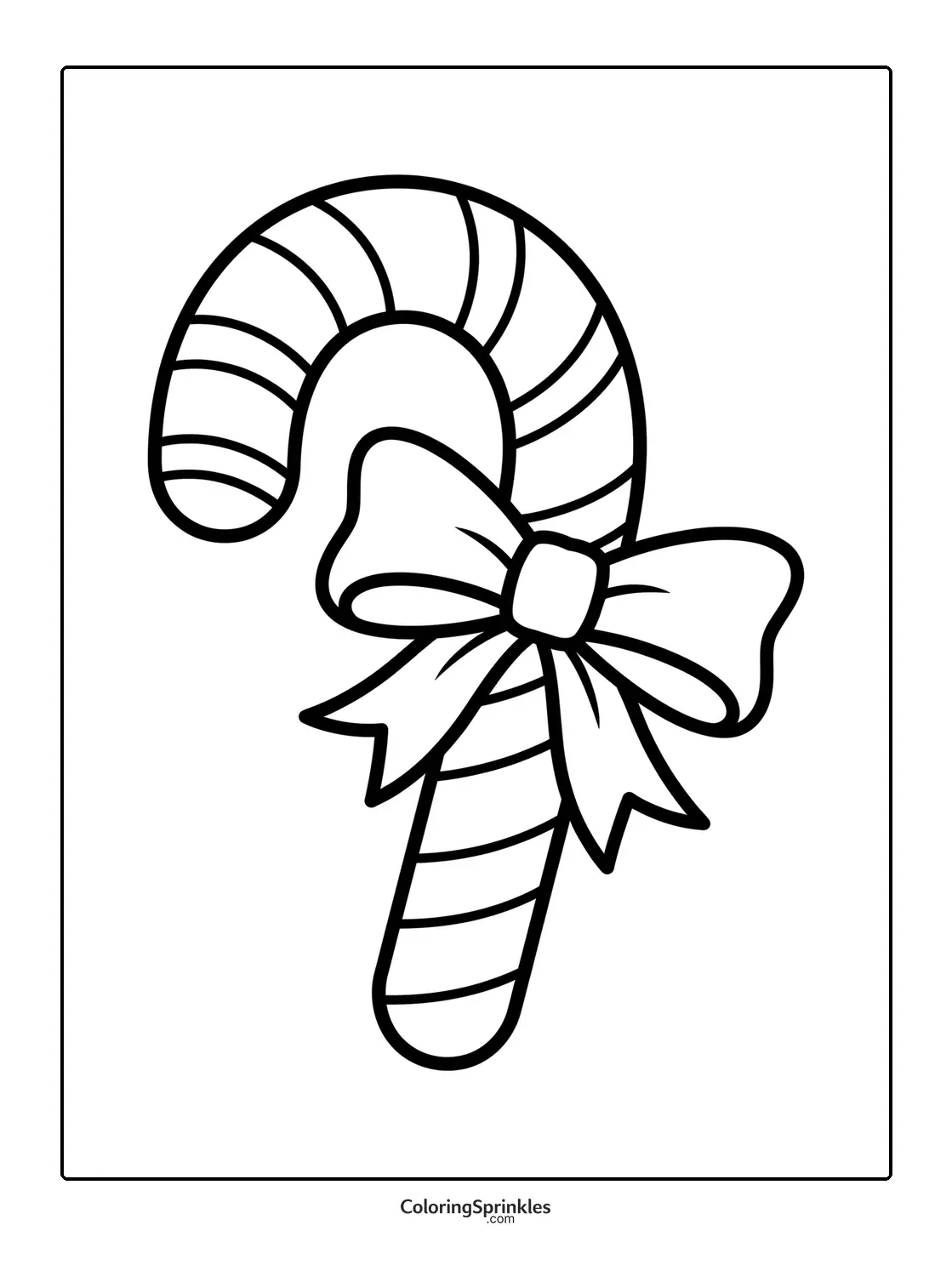 Coloring page of a striped candy cane with a bow