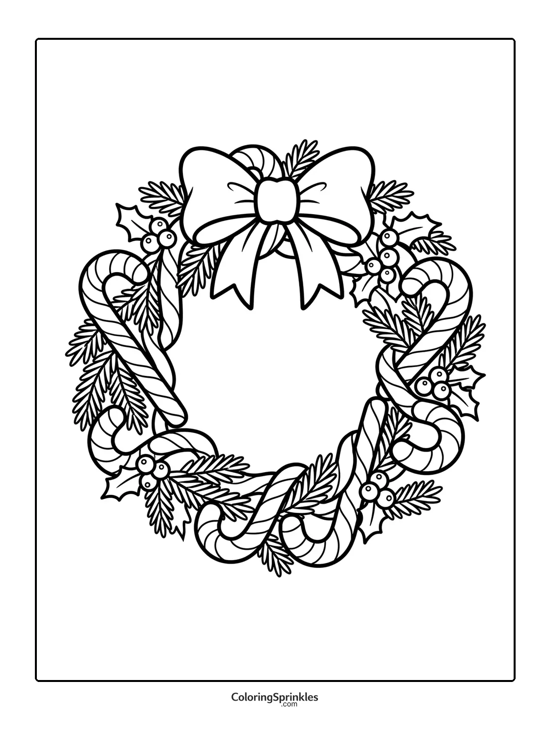 Coloring page of a candy cane wreath decorated with a bow, holly leaves, and berries