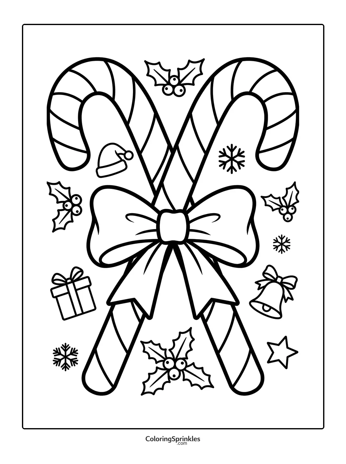 Coloring page of two candy canes crossed with a bow and holly