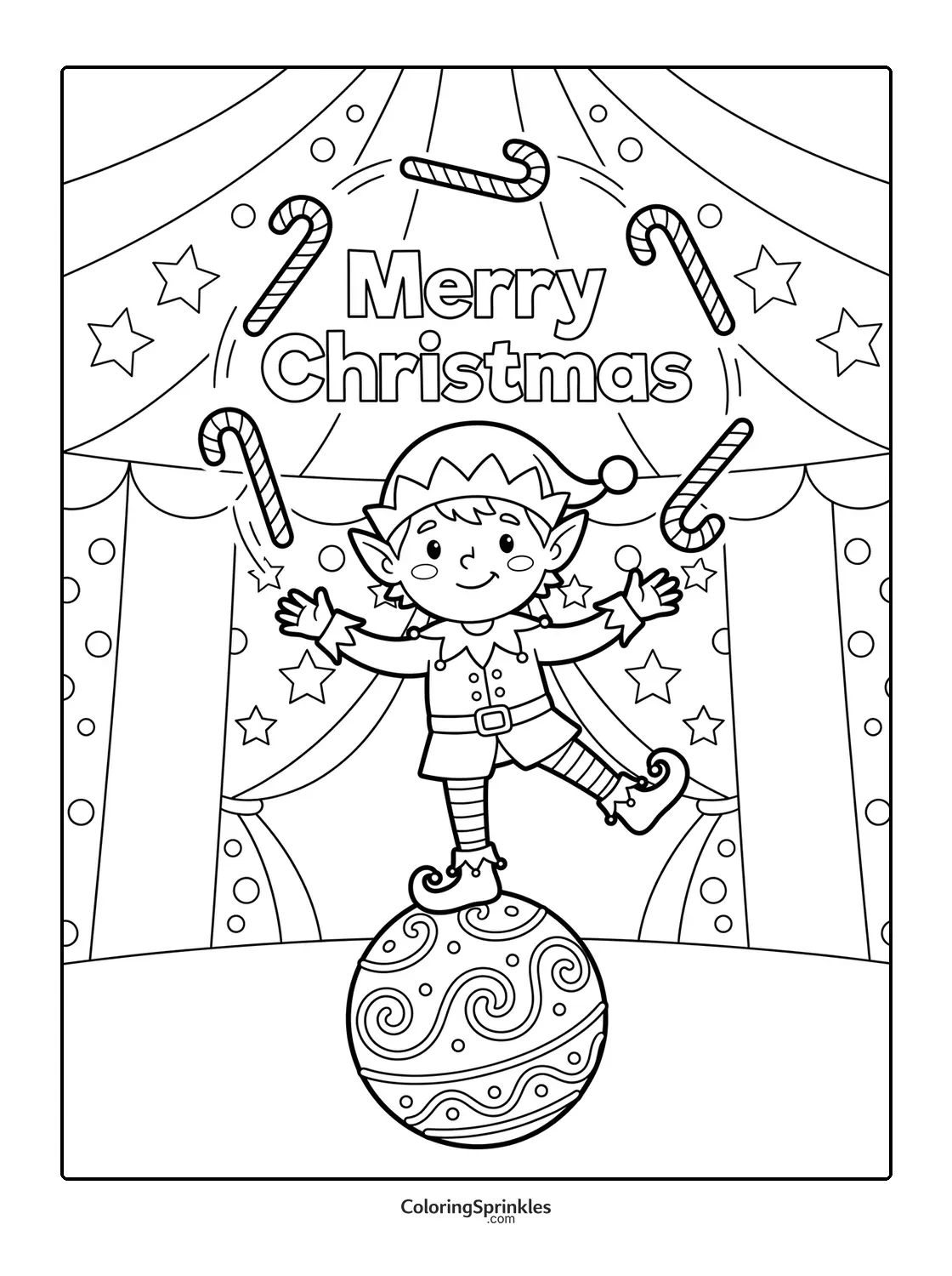 Coloring page of a Christmas elf balancing on a decorated ball with candy canes
