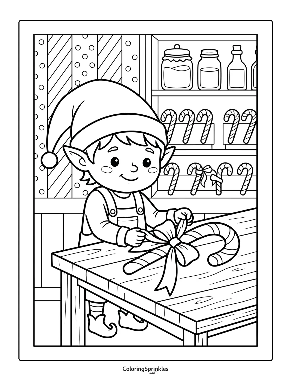 Coloring page of a Christmas elf tying a bow on a large candy cane