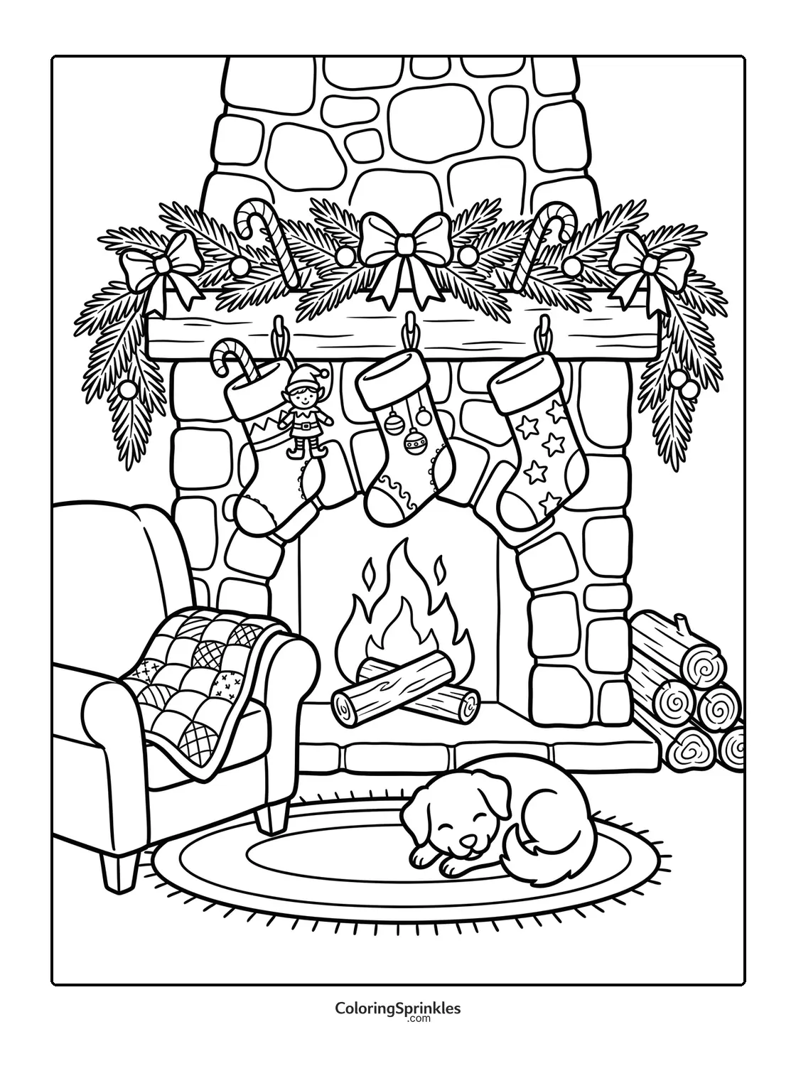 Coloring page of a cozy Christmas fireplace with stockings and a sleeping dog