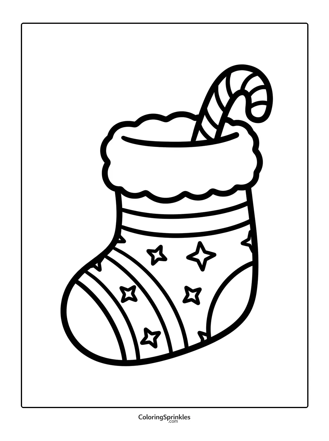 Coloring page of a Christmas stocking with stars and a candy cane