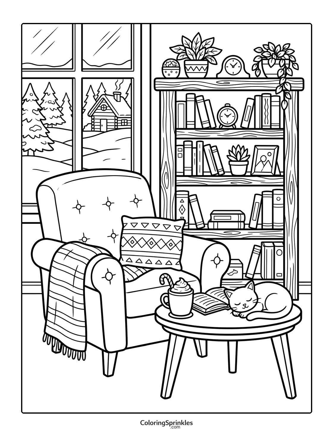 Coloring page of a cozy reading nook with a cat and hot chocolate