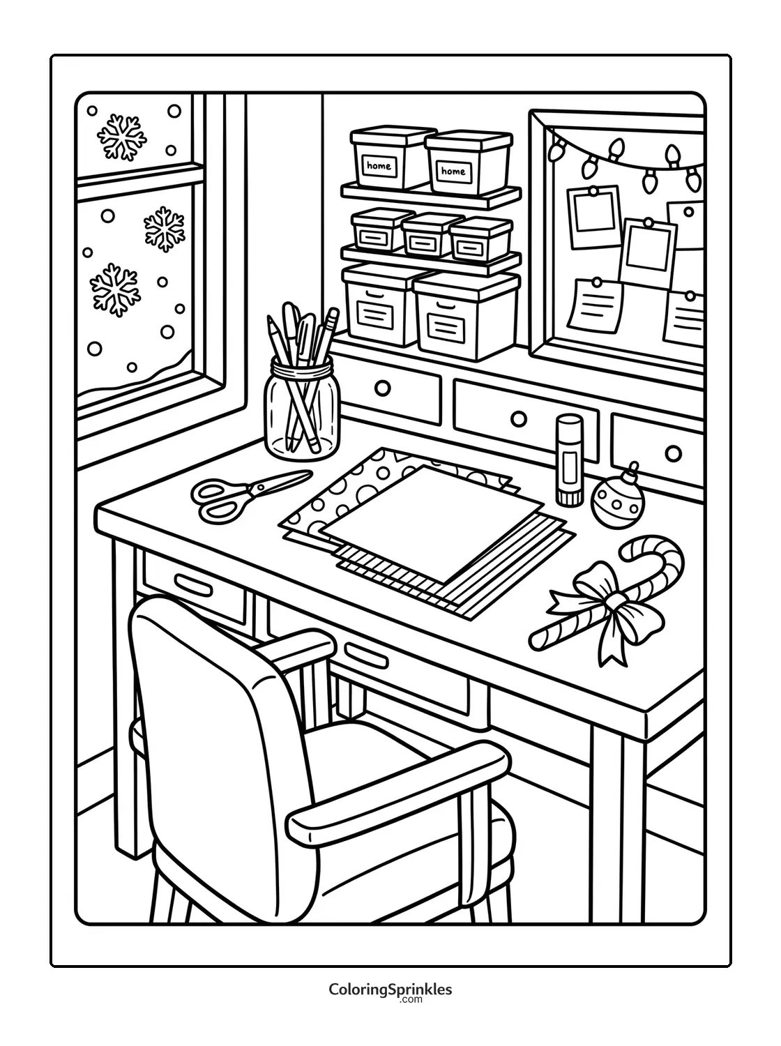 Coloring page of a crafting desk with candy cane and winter window