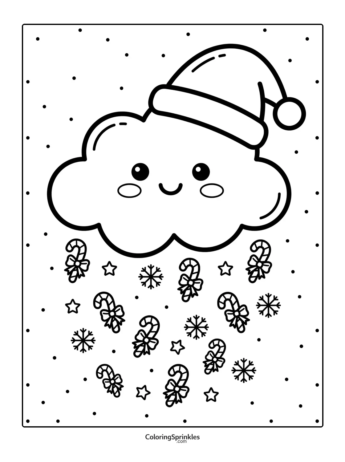 Coloring page of a cute cloud wearing a Santa hat with candy canes and snowflakes