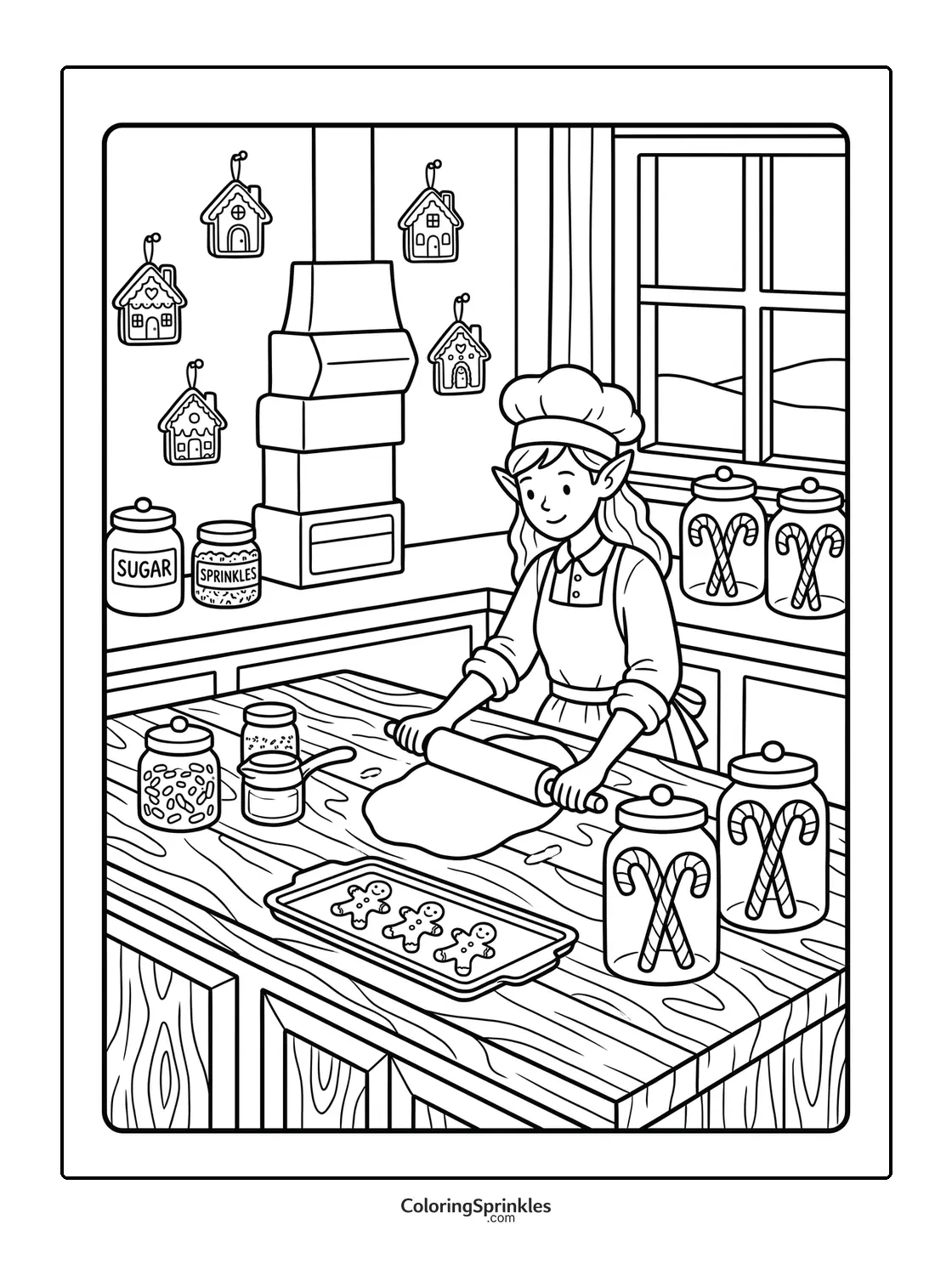 Coloring page of an elf baking candy canes and gingerbread cookies in a kitchen