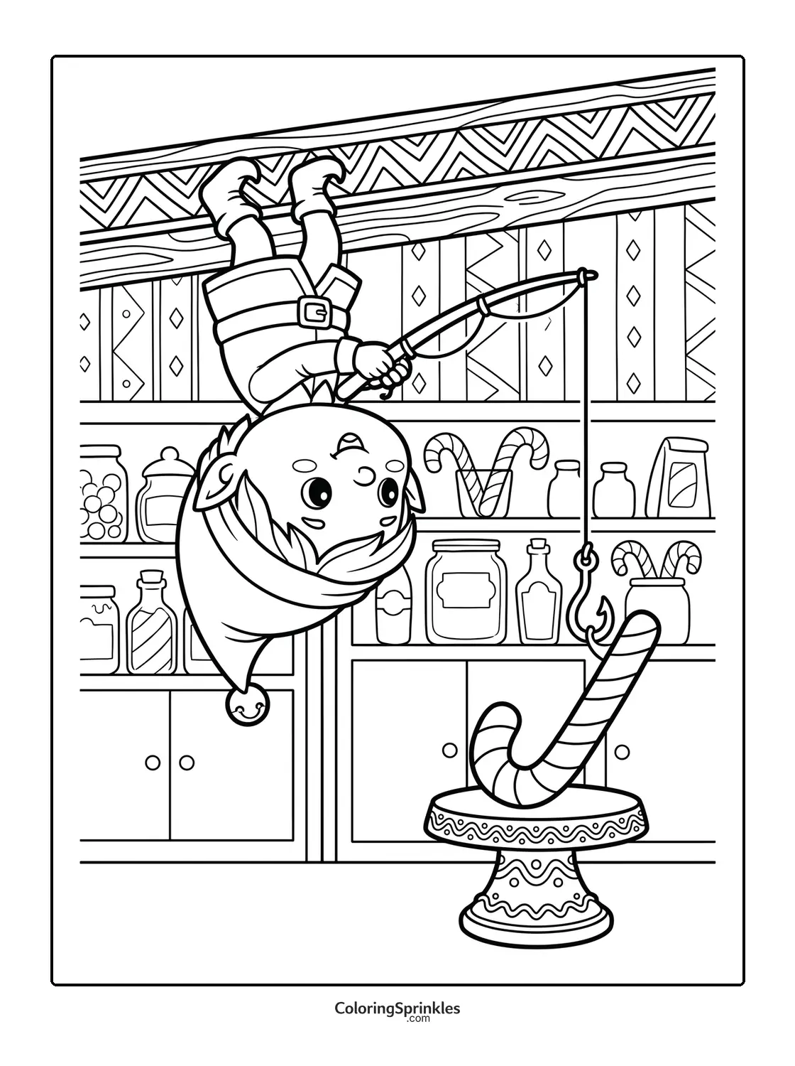 Coloring page of an elf upside down fishing for a candy cane