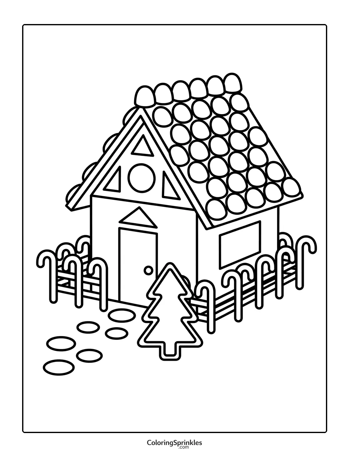 Coloring page of a gingerbread house with candy cane fence and Christmas tree