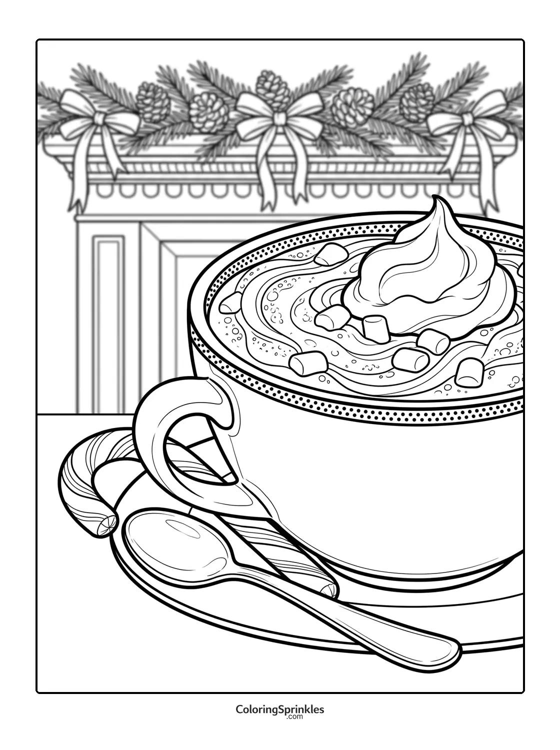Coloring page of a cup of hot chocolate with marshmallows and a candy cane near a decorated fireplace