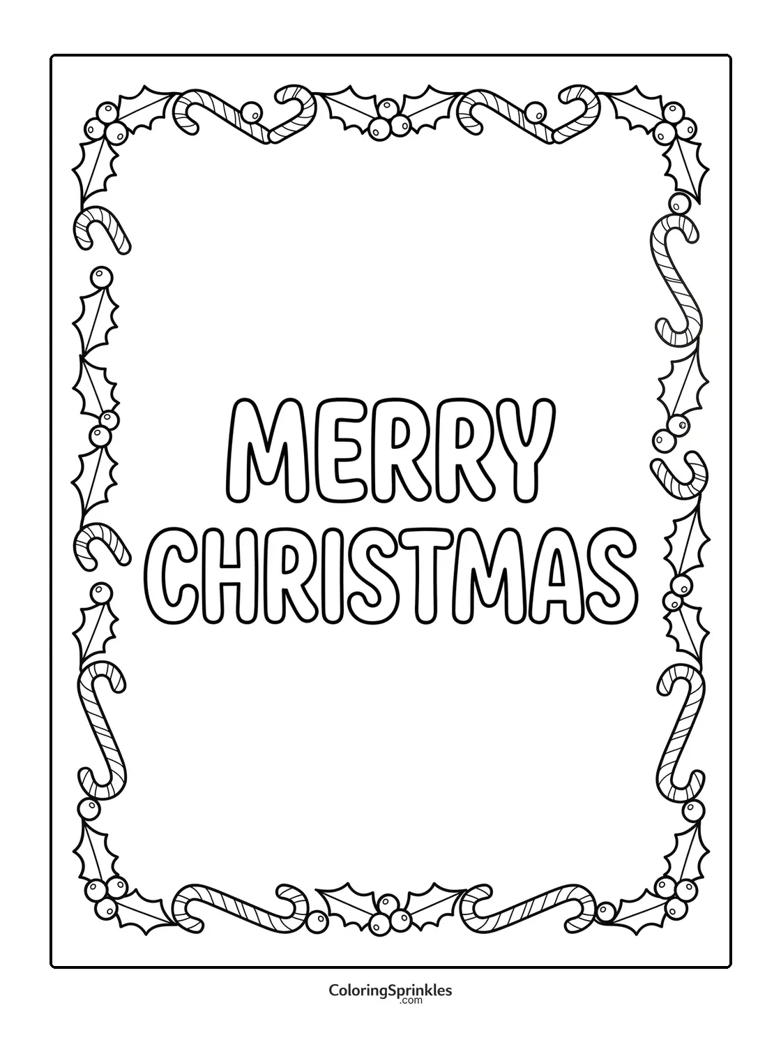 Coloring page of Merry Christmas text with candy cane and holly border